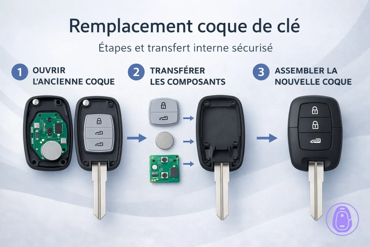 Illustration étape par étape pour remplacer une coque de clé de voiture et la remonter correctement après transfert.