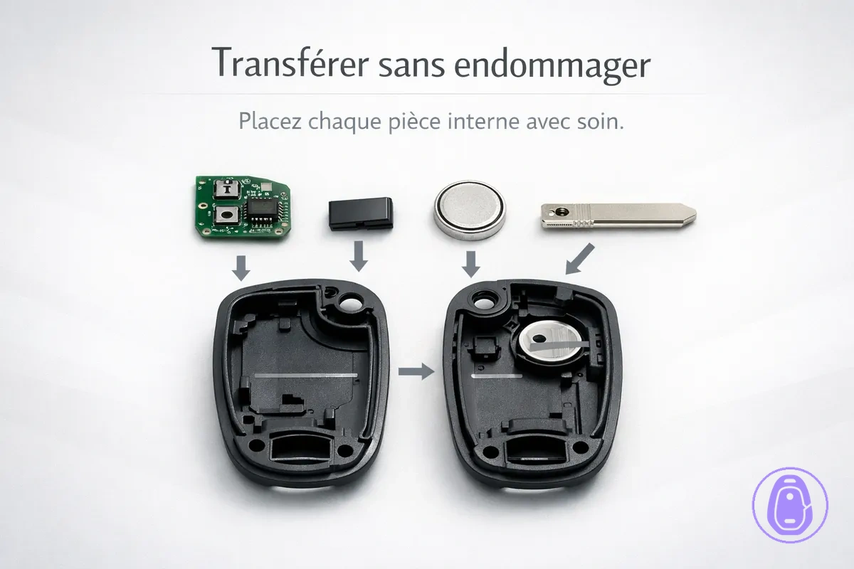 Illustration d’une coque ouverte montrant l’emplacement des pièces internes lors d’un transfert soigneux.