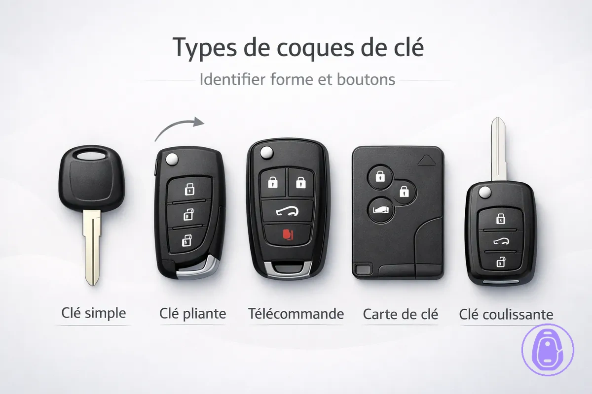 Illustration de différents formats de coque de clé de voiture selon la forme et la disposition des boutons.