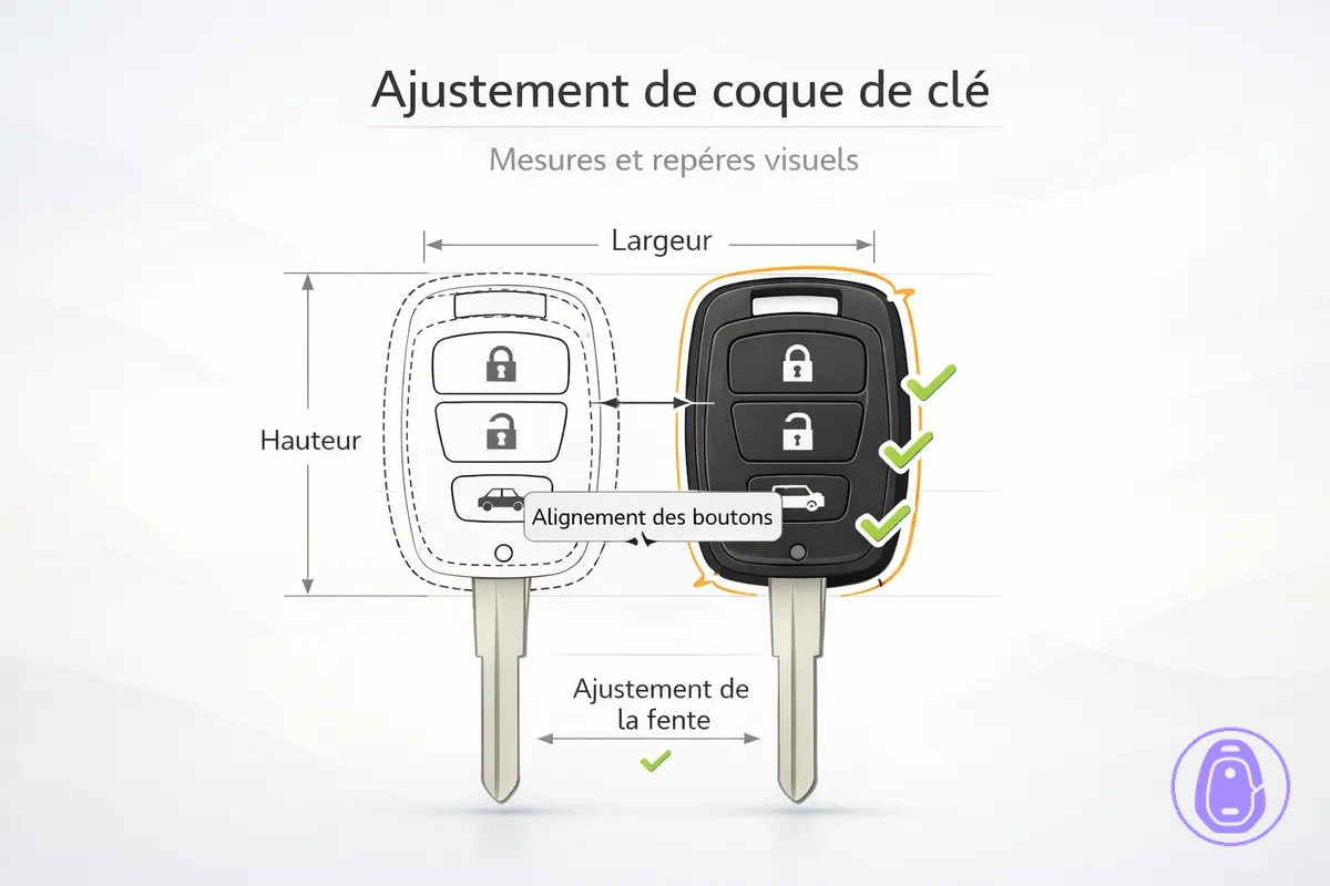 Illustration de mesures et de contour pour confirmer l’ajustement d’une coque de clé de voiture avant achat.