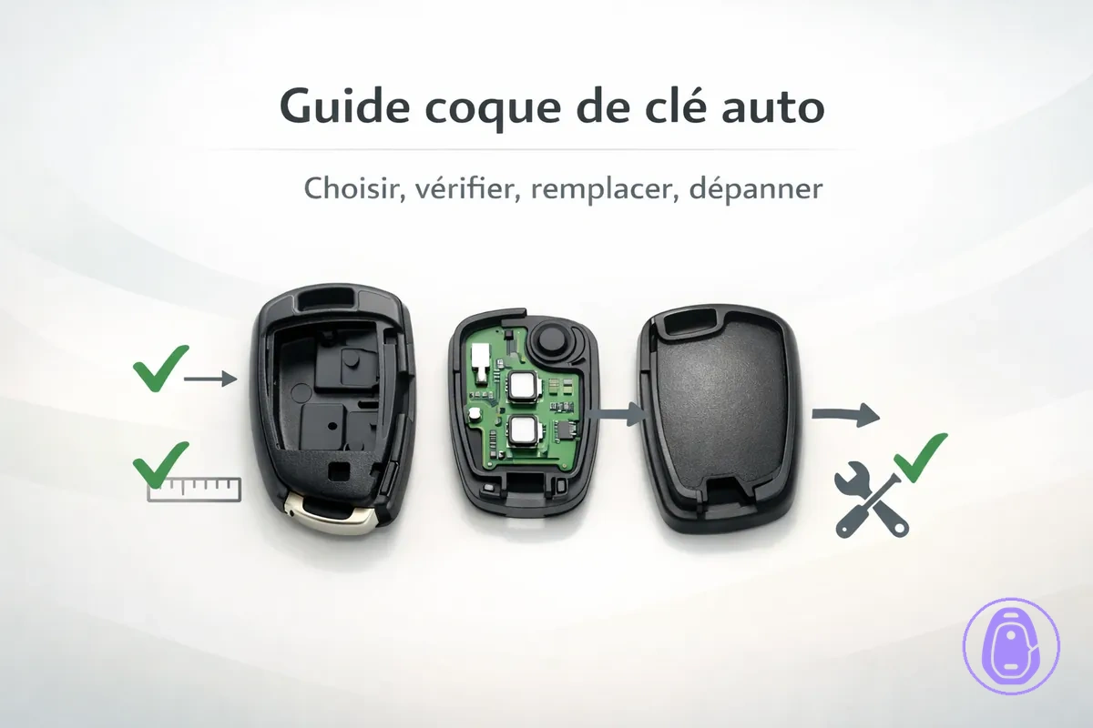 Illustration du guide coque de clé de voiture avec les thèmes clés : choix, contrôle d’ajustement, remplacement et dépannage.