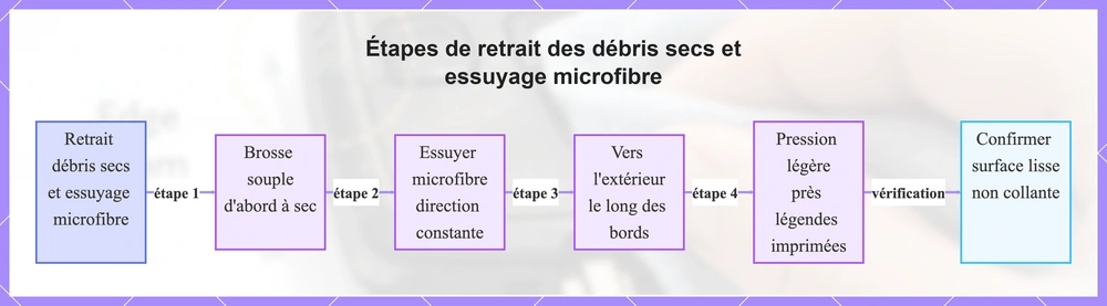 Étapes de retrait des débris secs et essuyage microfibre