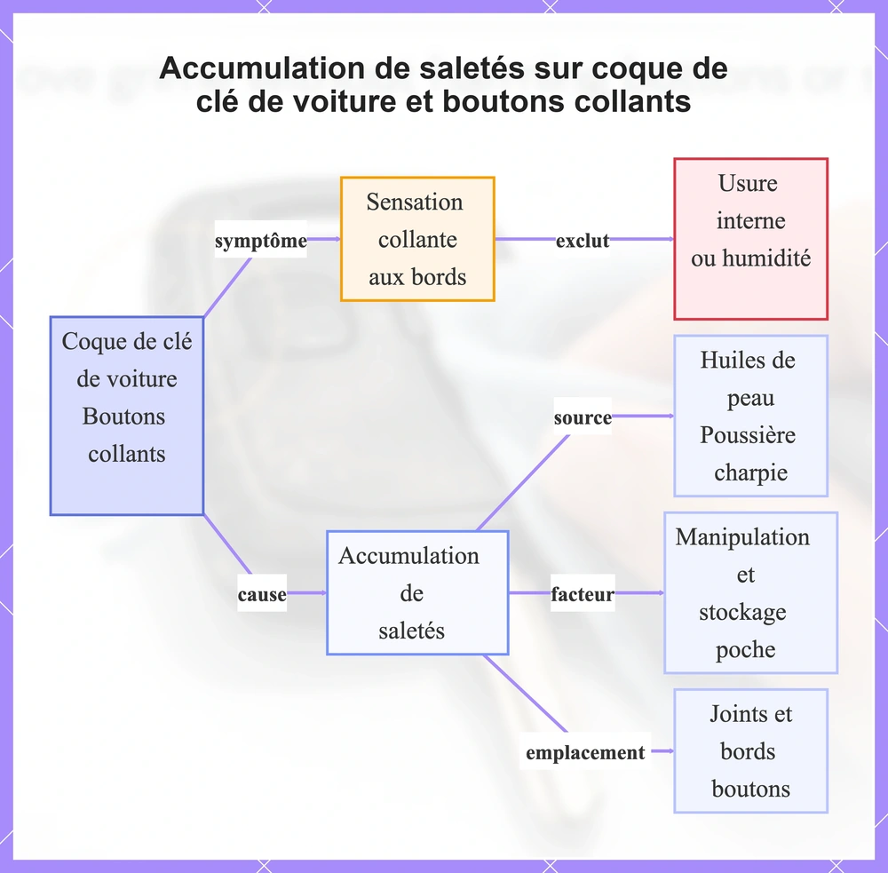 Accumulation de saletés sur coque de clé de voiture et boutons collants