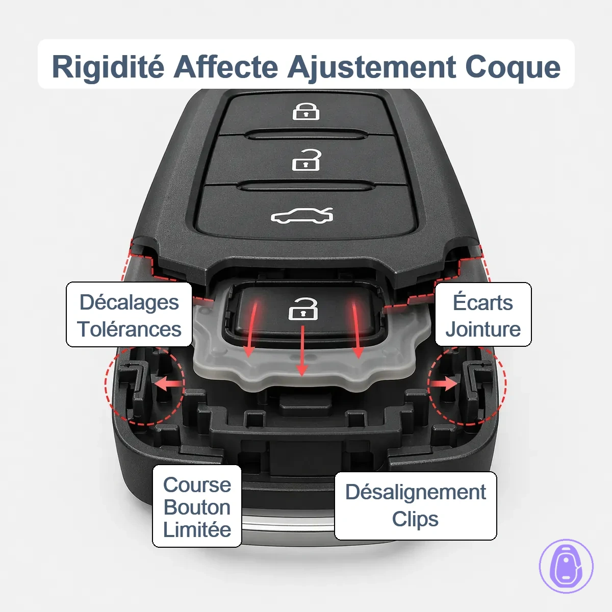 Illustration montrant les interstices de joints de coque de clé de voiture, le désalignement des clips et le déplacement restreint des boutons dû à de mauvaises tolérances et rigidité.