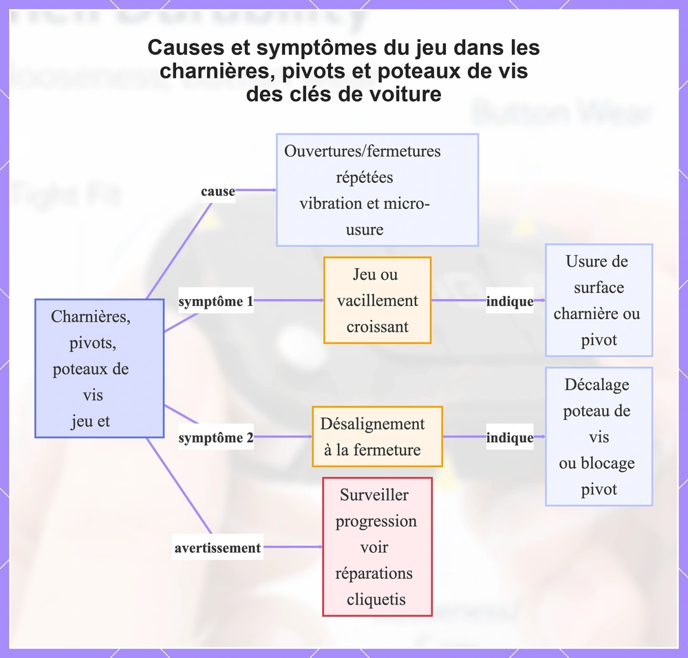Causes et symptômes du jeu dans les charnières, pivots et poteaux de vis des clés de voiture