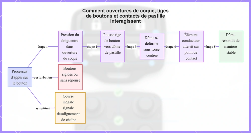 Comment ouvertures de coque, tiges de boutons et contacts de pastille interagissent