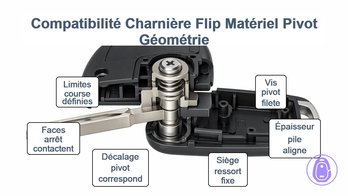 Schéma montrant l’alignement du matériel de pivot et de la géométrie de charnière dans les charnières pliables pour un fonctionnement correct de la coque de clé