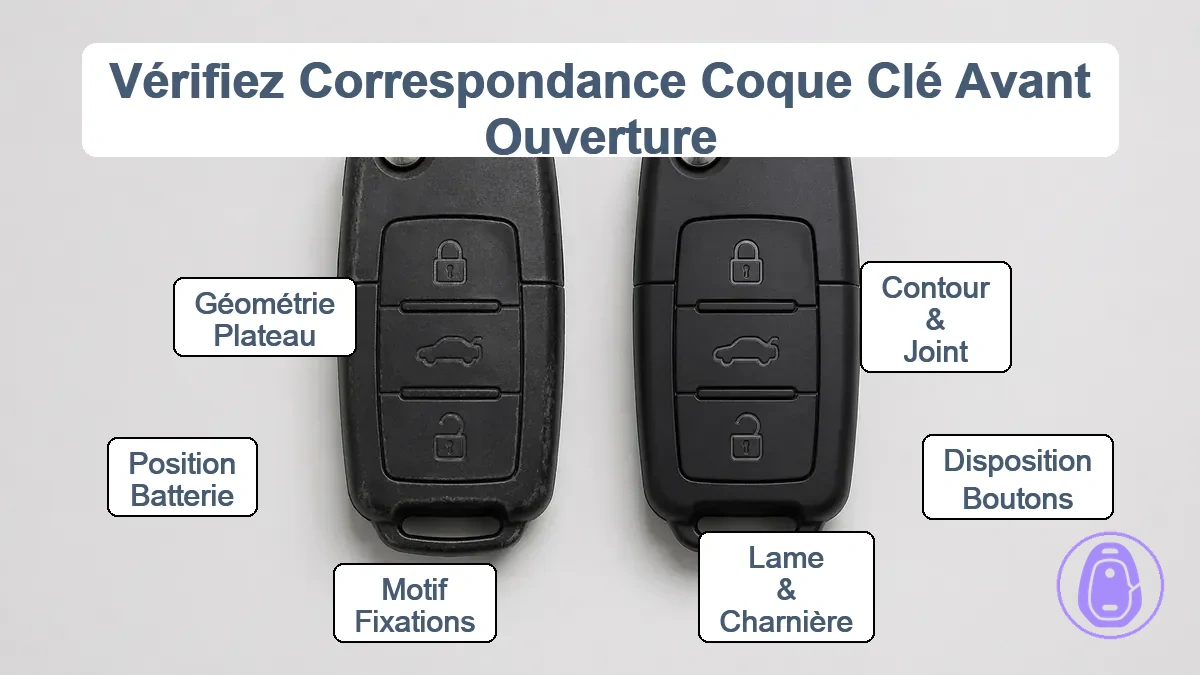 Comparaison visuelle du contour de la coque de clé de voiture, jointure, boutons, zone de lame et disposition interne pour confirmation de correspondance.