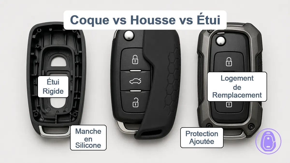 Comparaison de la coque de clé de voiture en tant que boîtier de remplacement versus housse et étui en tant que couches de protection additionnelles.