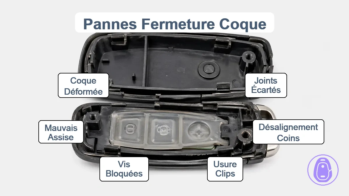 Schéma annoté du joint de coque de clé de voiture montrant les zones de jeux, clips et points de vis affectant la fermeture.