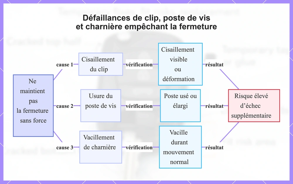 Défaillances de clip, poste de vis et charnière empêchant la fermeture