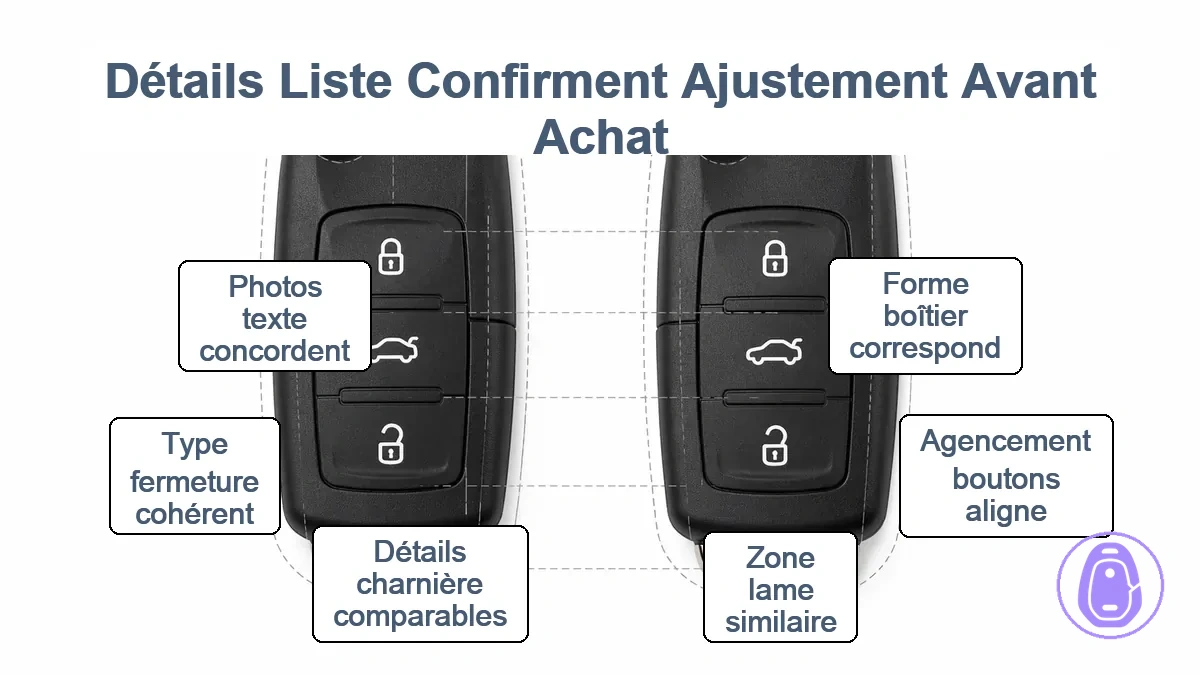Graphique de comparaison des points d'ajustement de coque de clé de voiture tels que forme du boîtier, disposition des boutons, zone de lame, charnière et détails de fermeture