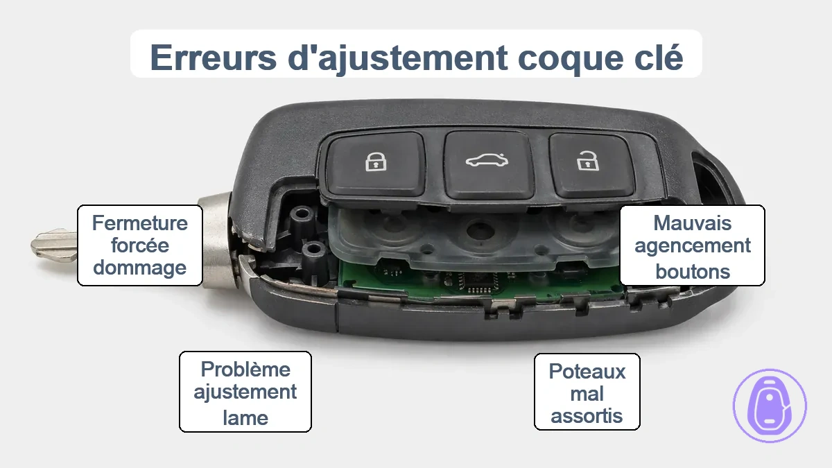 Illustration des erreurs d'ajustement de coque de clé de voiture telles qu'un mauvais alignement des boutons ou poteaux mal assortis causant des problèmes de fermeture et coûts supplémentaires.