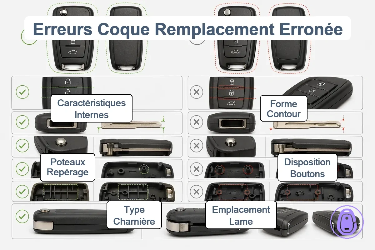 Graphique de comparaison montrant les points de correspondance corrects vs incorrects pour coque de clé de voiture incluant disposition des boutons et zone de charnière.