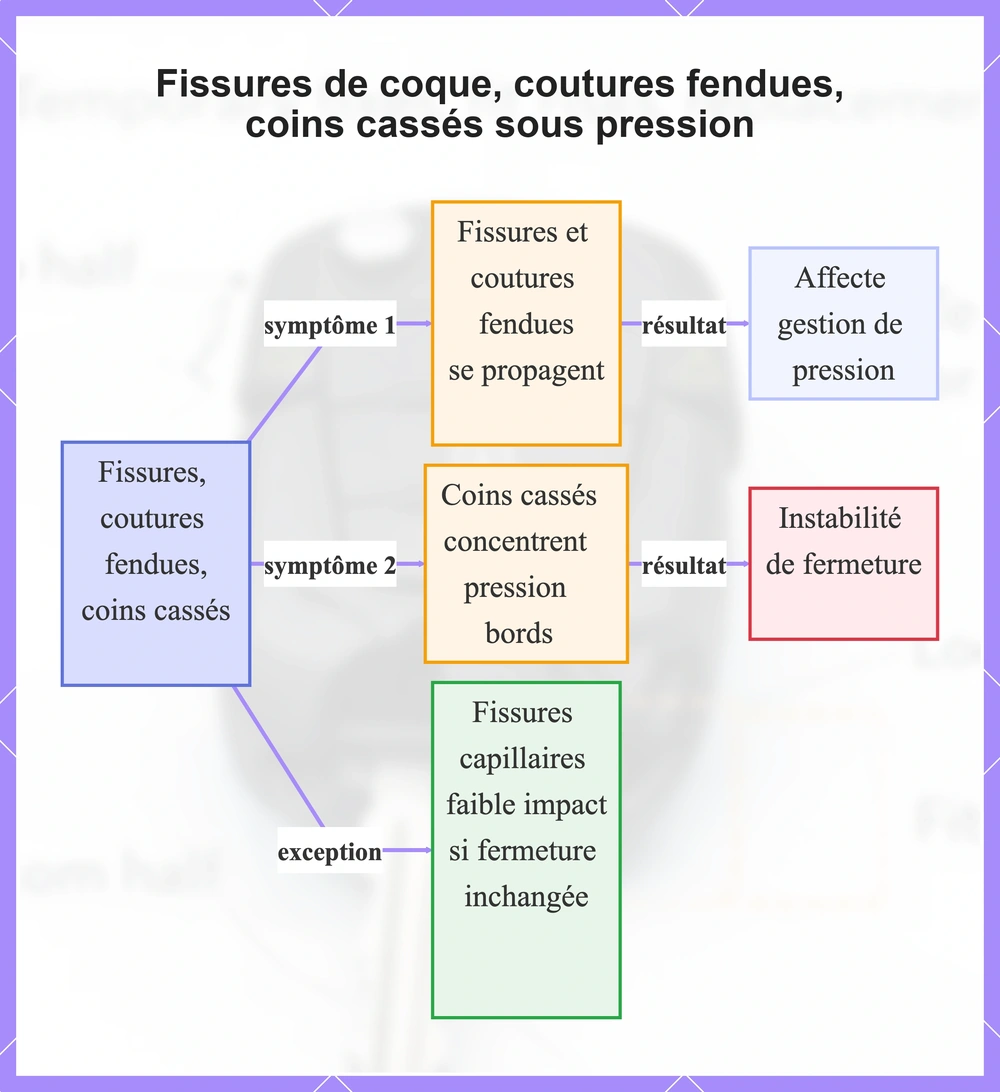 Fissures de coque, coutures fendues, coins cassés sous pression