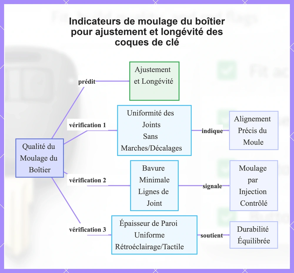 Indicateurs de moulage du boîtier pour ajustement et longévité des coques de clé