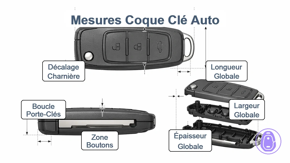 Diagramme des points de mesure de coque de clé de voiture incluant longueur globale, largeur, épaisseur, zone boutons, boucle porte-clés et limite de zone charnière.