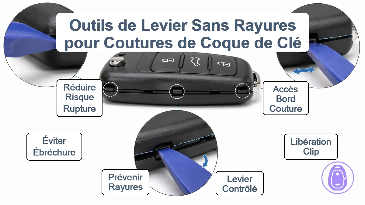 Outils de levier et spudgers non rayants utilisés pour ouvrir en toute sécurité le joint d’une coque de clé de voiture