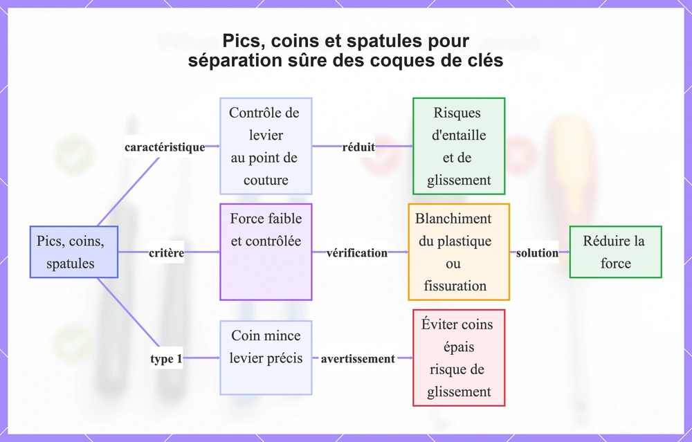 Pics, coins et spatules pour séparation sûre des coques de clés