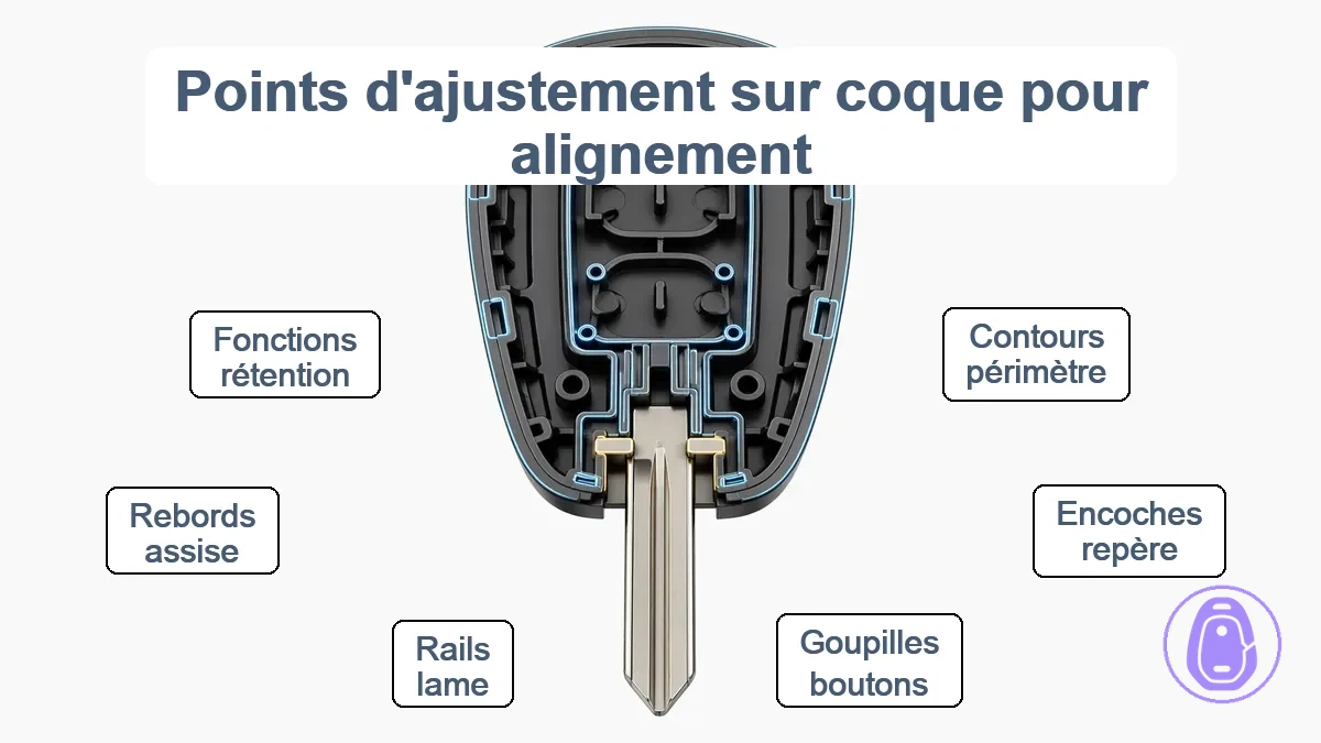 Schéma annoté montrant les points d’ajustement sur une coque de clé de voiture : profil de contour, éléments d’enregistrement des boutons et surfaces d’alignement de la zone de lame