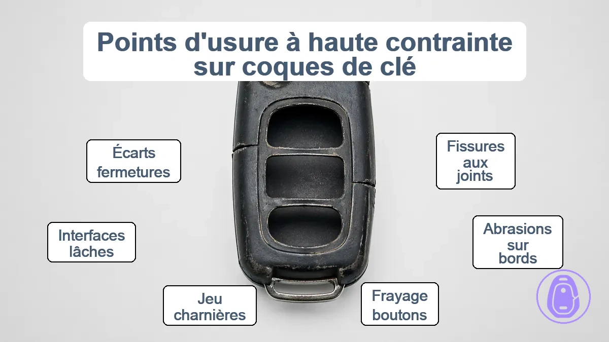 Coque de clé de voiture annotée mettant en évidence les points d’usure des joints, charnières et boutons.