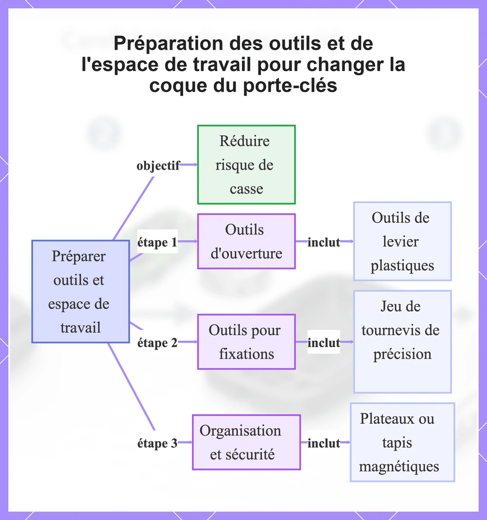 Préparation des outils et de l'espace de travail pour changer la coque du porte-clés