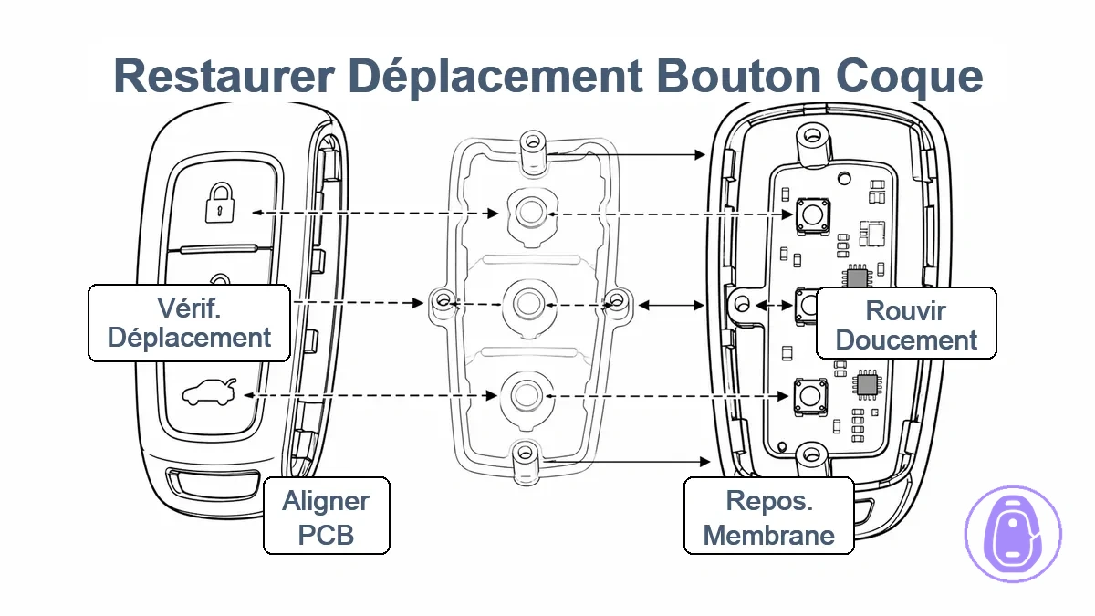 Schéma d’alignement simplifié montrant les moitiés de coque de clé de voiture, membrane en caoutchouc, PCB et plots d’alignement avec flèches indiquant le positionnement correct et le trajet du déplacement des boutons.