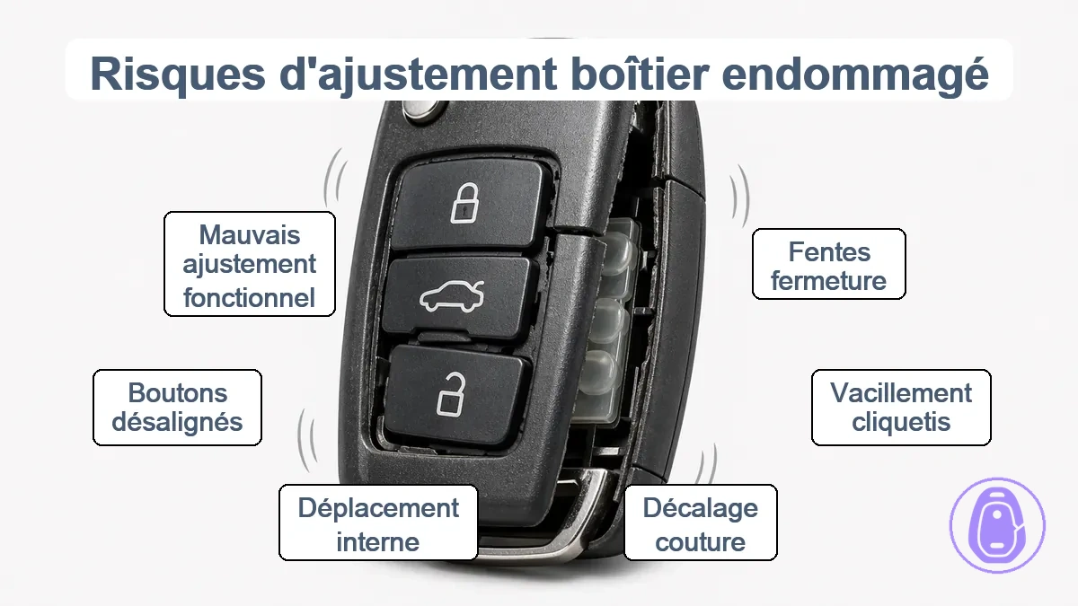 Boîtier de coque de clé de voiture endommagé présentant des risques d’ajustement incluant des écarts, du jeu et un décalage des joints
