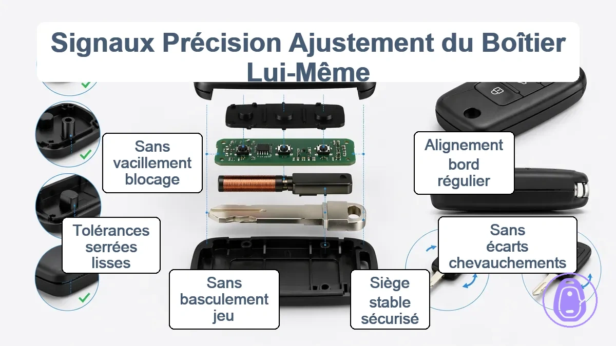 Indices de vérification de la précision d’ajustement de la coque de clé de voiture comme l’alignement et la stabilité de positionnement