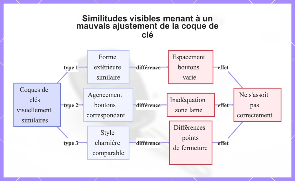 Similitudes visibles menant à un mauvais ajustement de la coque de clé