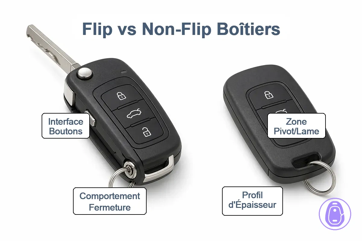 Graphique de comparaison montrant formats de coques de clé pliante et non pliante et indices d'identification clés.