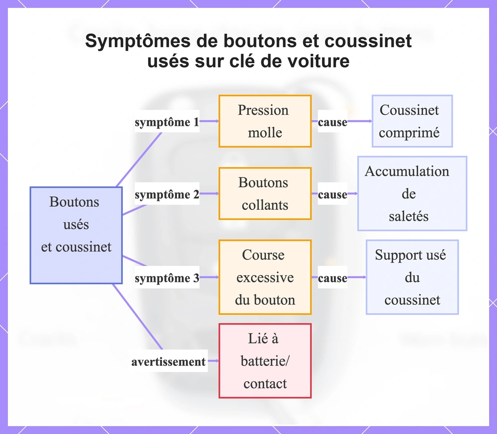 Symptômes de boutons et coussinet usés sur clé de voiture