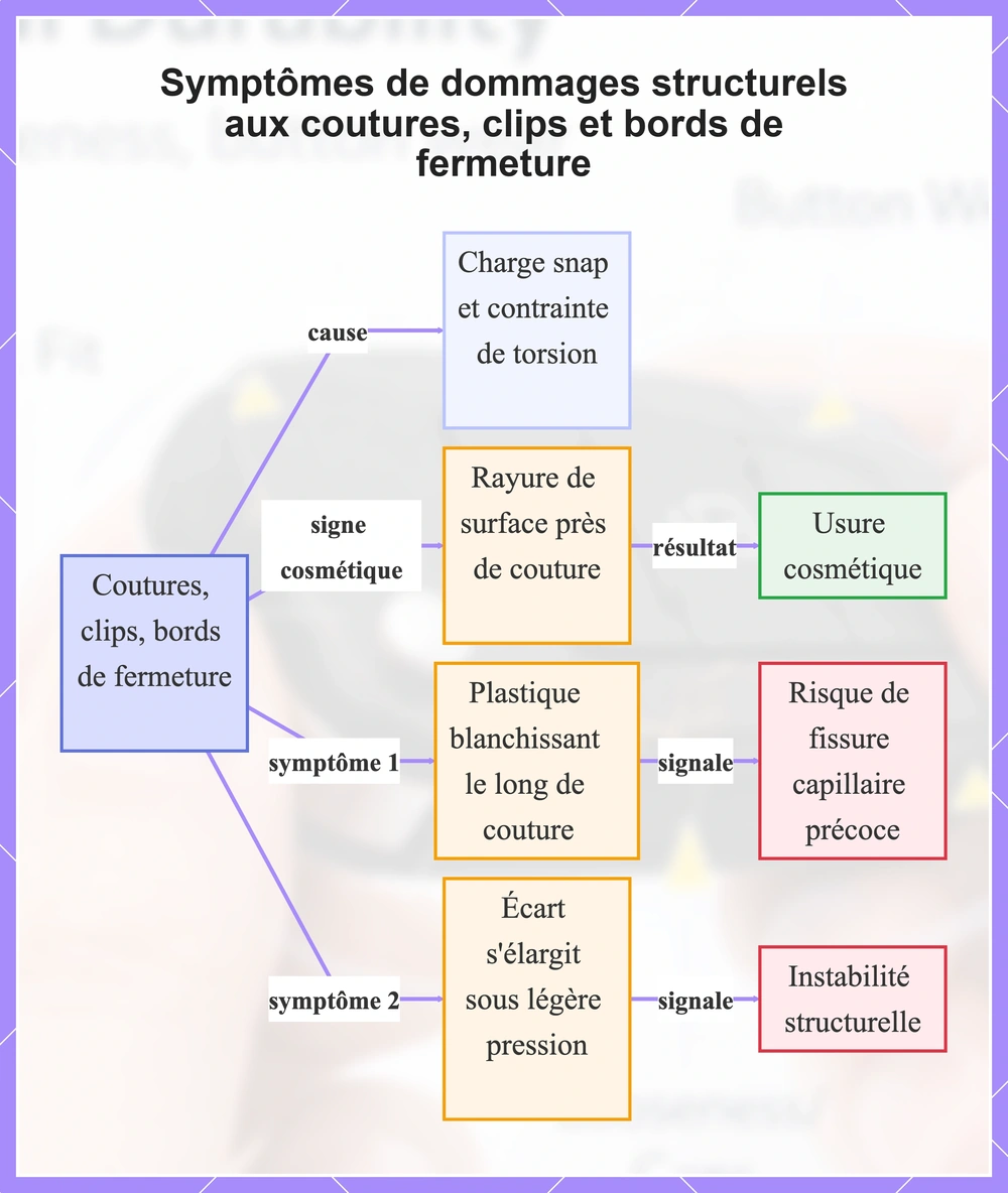 Symptômes de dommages structurels aux coutures, clips et bords de fermeture