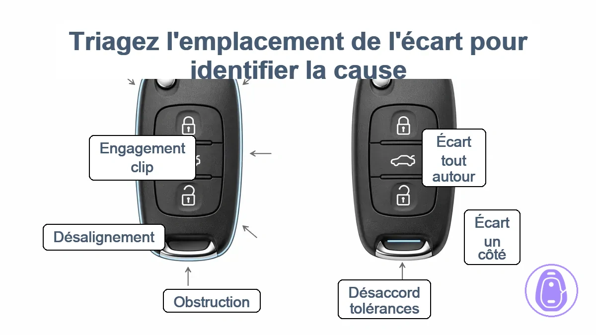 Diagramme de la coque de clé de voiture mettant en évidence les zones d’écart aux boutons, lame/charnière et extrémité de l’anneau porte-clés avec flèches pour écarts d’un côté et tout autour.