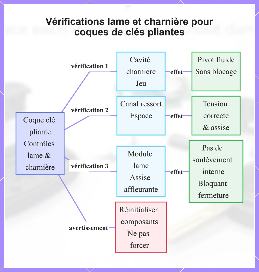 Vérifications lame et charnière pour coques de clés pliantes