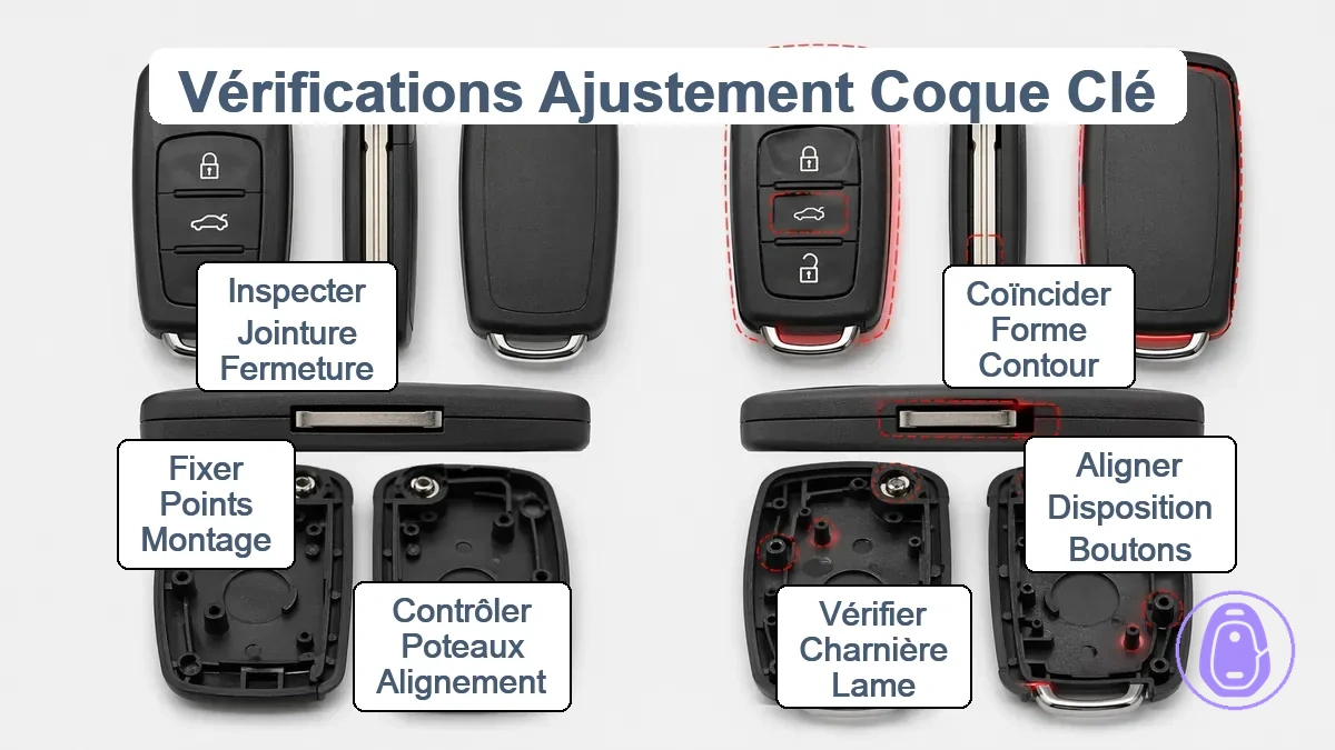 Illustration de vérification d'ajustement pour coque de clé de voiture montrant la forme du contour, la disposition des boutons, la charnière de lame et les points de fixation internes.