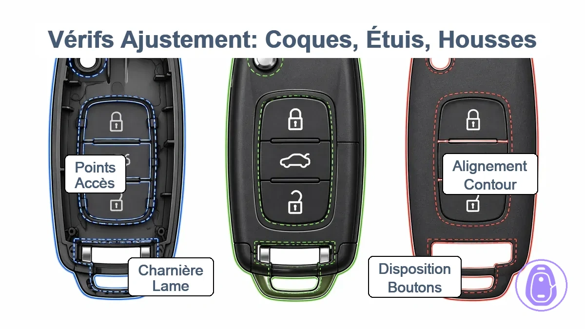 Schéma annoté montrant le contour de la clé, la disposition des boutons et la zone charnière/lame comme principaux points de vérification d’ajustement.