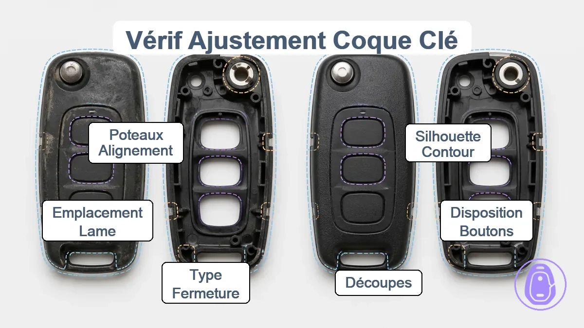 Graphique annoté de vérification d'ajustement montrant la correspondance du contour de coque de clé de voiture, espacement de disposition des boutons, découpes et zone lame/charnière.