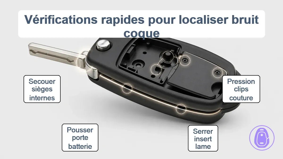 Schéma d’une coque de clé de voiture montrant jointure, zone lame, porte batterie et zones de positionnement interne