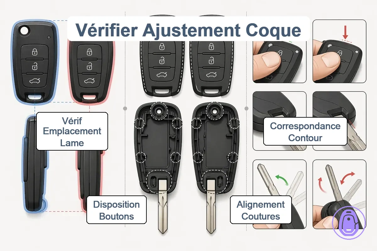 Indices de vérification étape par étape pour l’ajustement de la coque de clé de voiture des photos aux contrôles physiques.