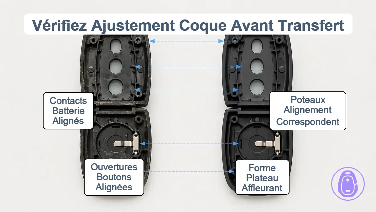 Gros plan illustré de deux coques de clé de voiture montrant les plots d’alignement, les trous des boutons et les contacts de batterie avec des flèches indiquant les zones devant correspondre.