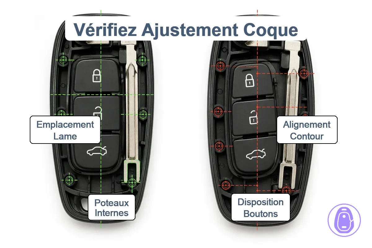 Vérifications de compatibilité de coque de clé de voiture pour disposition des boutons et chevilles internes.