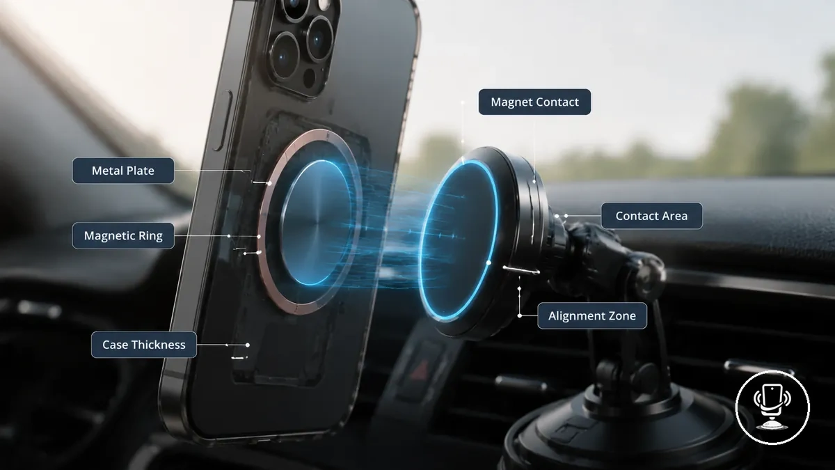 أنظمة التثبيت المغناطيسية تُظهر تلامس الهاتف مع لوحة المغناطيس وحلقة المحاذاة في سياق حامل السيارة