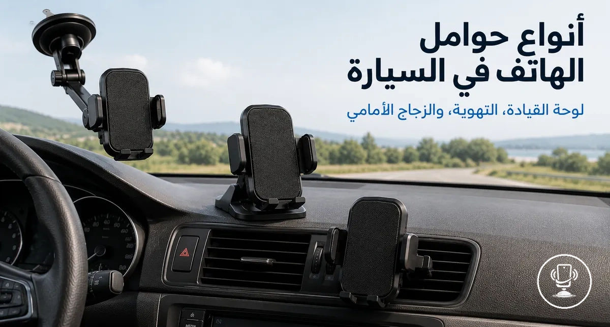 أنواع مختلفة من حوامل الهاتف في السيارة تشمل لوحة القيادة ومشبك التهوية وحوامل الشفط للزجاج الأمامي