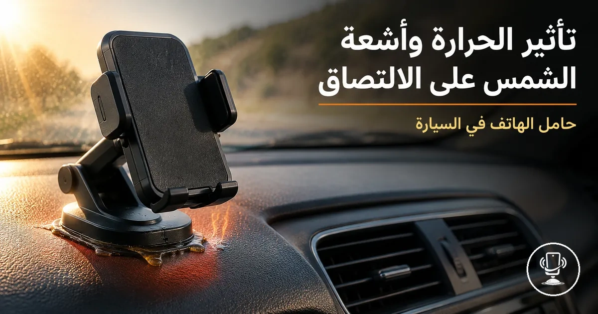 حامل هاتف سيارة على لوحة القيادة تحت أشعة الشمس مع توضيح تأثير الحرارة على قوة الالتصاق
