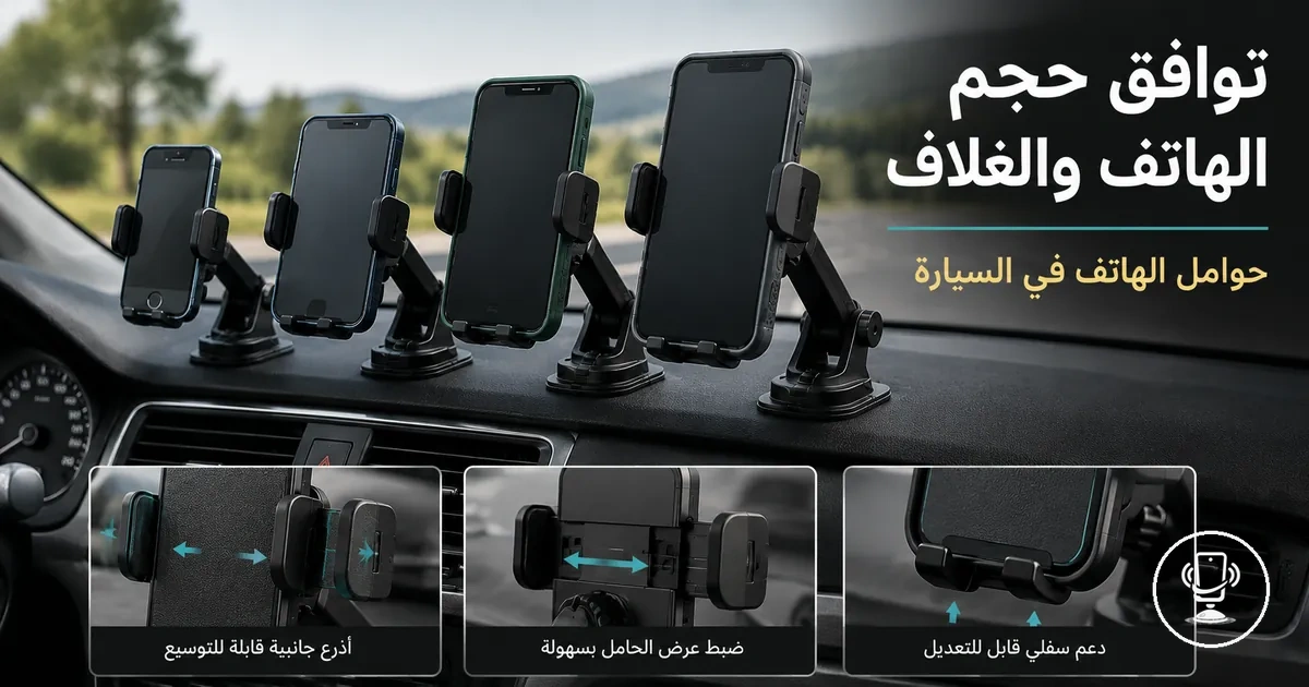 أحجام مختلفة من الهواتف والأغلفة تتناسب مع حامل هاتف سيارة قابل للتعديل