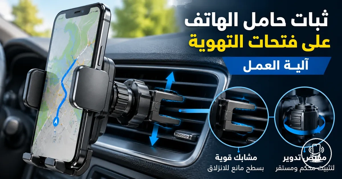 حامل هاتف مثبت على فتحة تهوية السيارة مع توضيح آلية المشبك والثبات