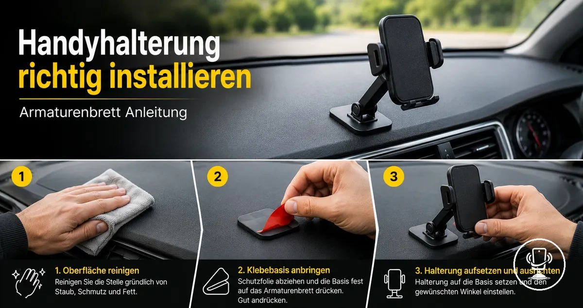 Schrittweise Installation einer Auto-Handyhalterung am Armaturenbrett