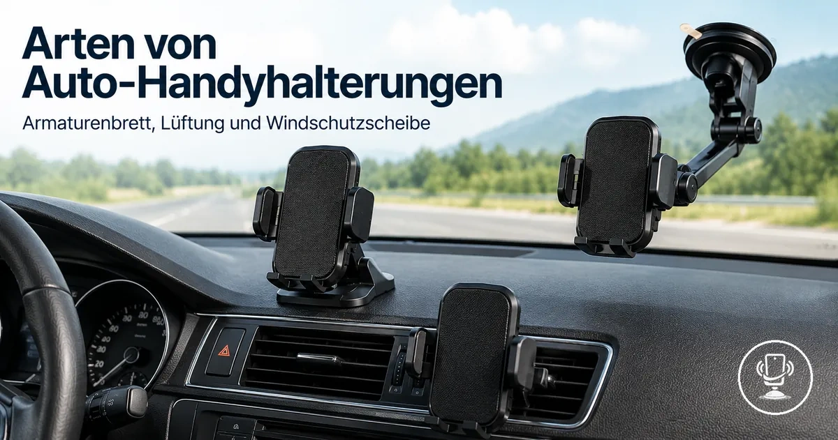 Verschiedene Auto-Handyhalterungen wie Armaturenbrett-, Lüftungsclip- und Windschutzscheiben-Saugnapfsysteme