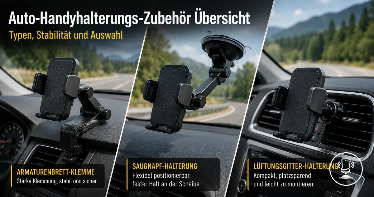 Überblick über Auto-Handyhalterungs-Zubehör mit verschiedenen Halterungsarten und Stabilitätsoptionen im Fahrzeug